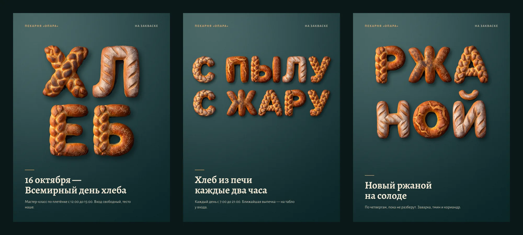 Три афиши пекарни «Опара» со словами из хлебных букв: «Хлеб», «С пылу с жару», «Ржаной»