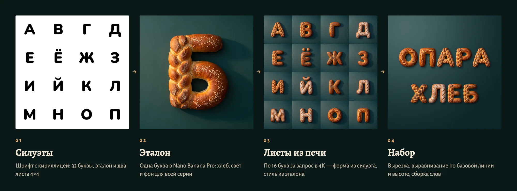 Четыре шага: лист силуэтов букв, эталонная хлебная «Б», сгенерированный лист из 16 букв и слова «Опара» и «Хлеб» из вырезок