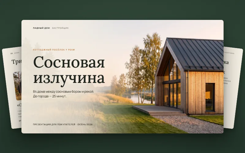 Обложка презентации «Сосновая излучина» с деревянным домом у реки и слайды веером