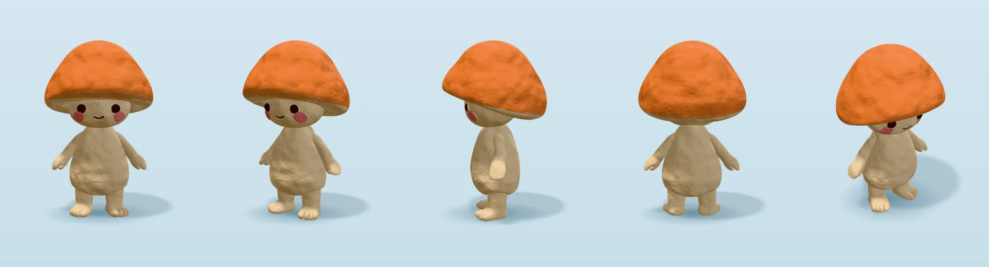 Пластилиновый гриб Рыжик в 3D с пяти ракурсов: спереди, вполоборота, сбоку, сзади и сверху