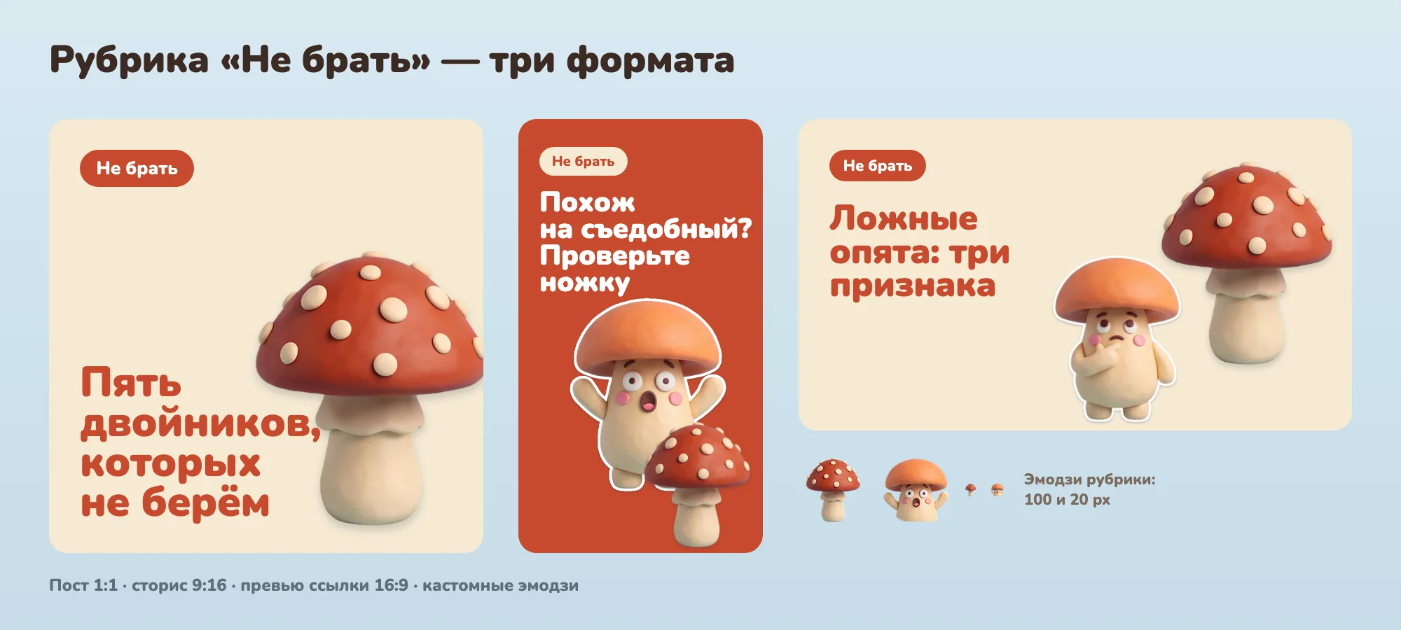 Рубрика «Не брать» в трёх форматах: пост 1:1, сторис 9:16 и превью ссылки 16:9, рядом эмодзи рубрики